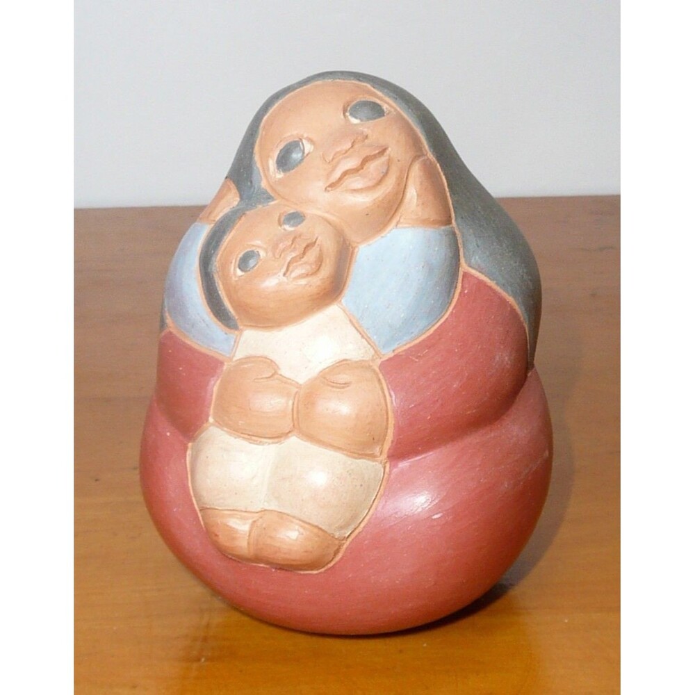 Terra Cotta Clay Pottery of Mother and Child Baby Folk Art from Chile, Signed